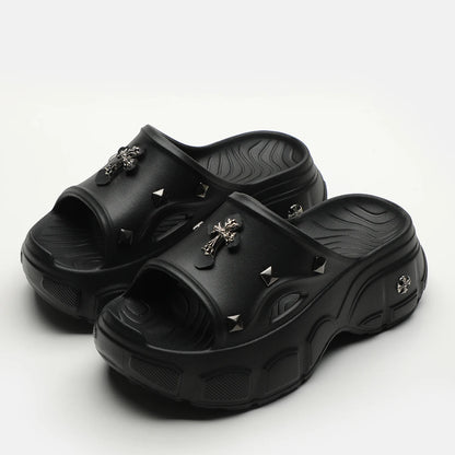 Gothic Alt Goth Cross Outdoor Platform Slippers Sandals (available in 3 colors)