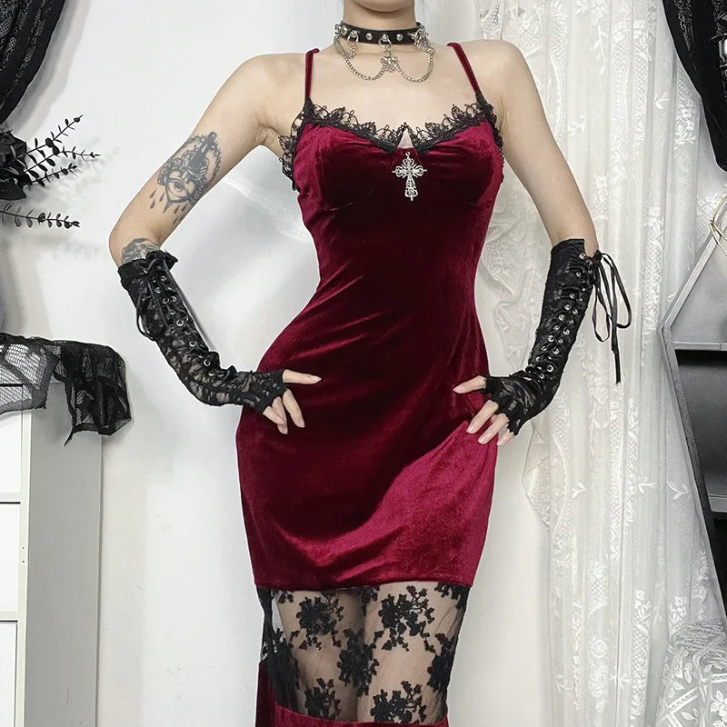 Gothic Red Burgundy Velvet Lace Spaghetti Strap Bodycon Alt Goth Long Dress