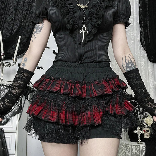 Gothic Harajuku Red Plaid Black Lace Patchwork Bloomers Shorts