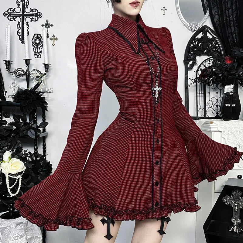 Gothic Alt Goth Red Plaid Flare Sleeve Collared Shirt Dress
