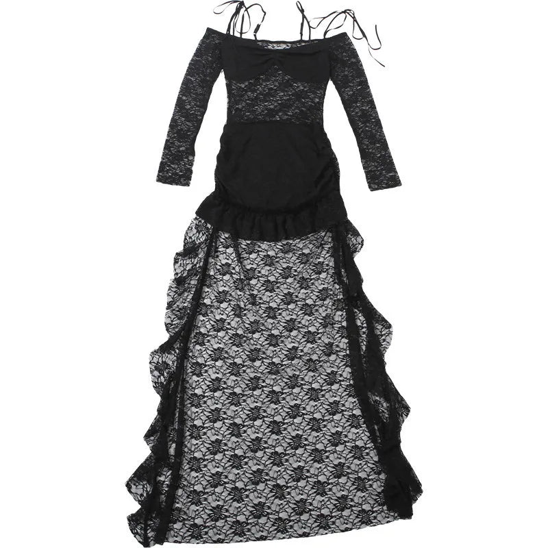 Gothic Vampire Goth Off Shoulder Lace Long Sleeves Irregular Hem Layered Dress