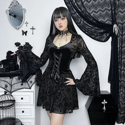 Gothic Romantic Vintage Sheer Bell Sleeves Lace Up Waist Mini Dress