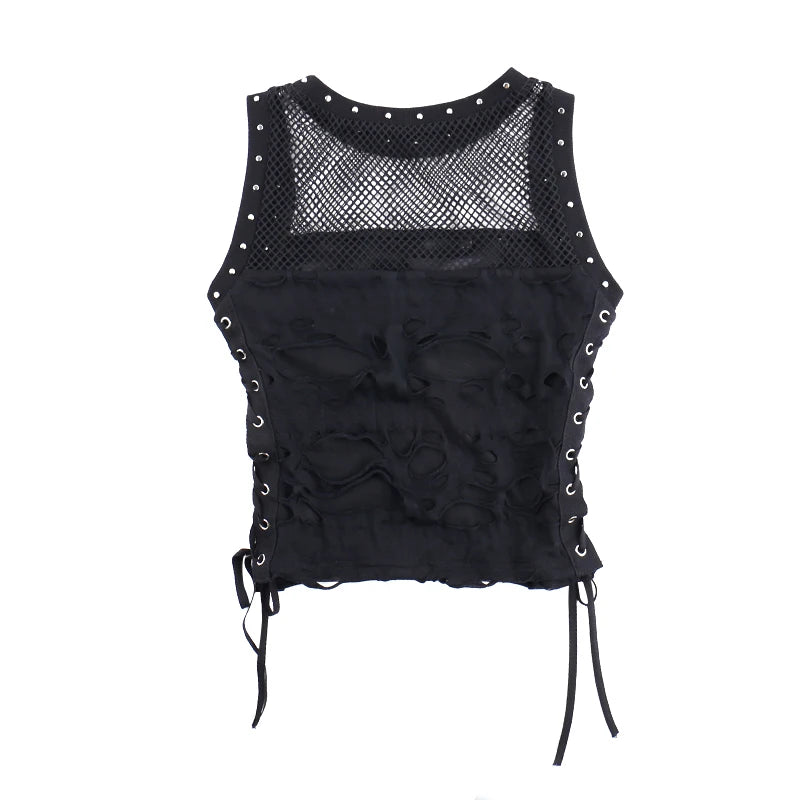 Gothic Y2K Distressed Fishnet Grommet Sleeveless Top