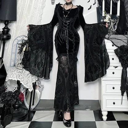 Gothic Romantic Goth Flocking Lace Batwing Sleeve Hooded Long Dress