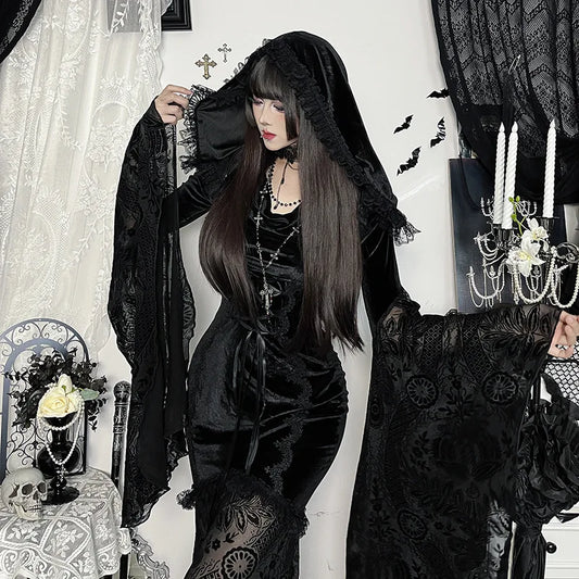 Gothic Romantic Goth Flocking Lace Batwing Sleeve Hooded Long Dress