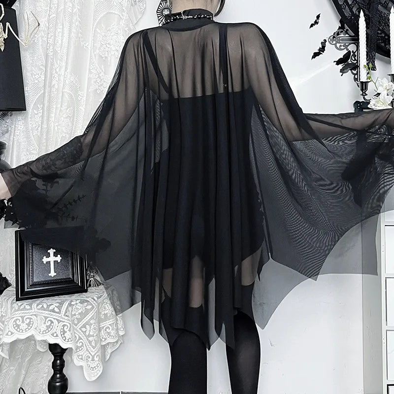 Gothic Alt Goth Black Spaghetti Strap Bodysuit Top + Sheer Cape Set
