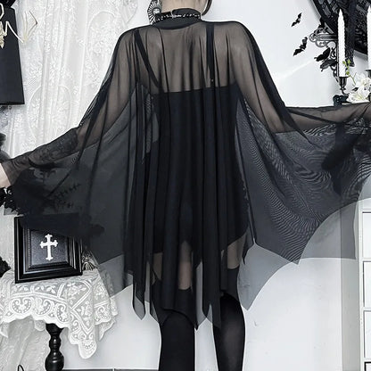 Gothic Alt Goth Black Spaghetti Strap Bodysuit Top + Sheer Cape Set