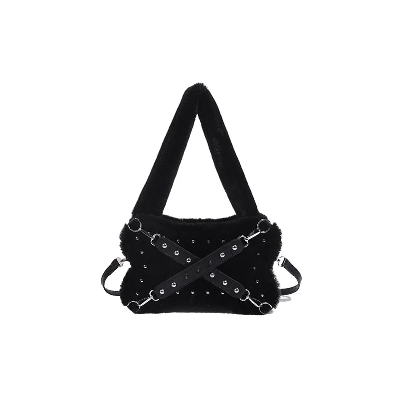 Gothic Alt Goth Y2K Bone Plush Studded Crossbody Shoulder
