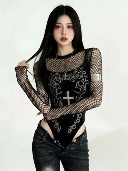 Gothic Y2K Alt Goth Cross Embroidered Fishnet Bodysuit Top