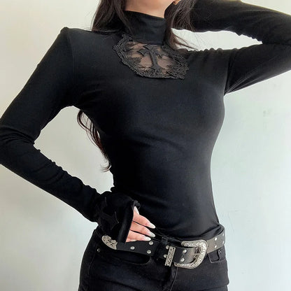 Gothic Alt Goth Vintage Cross Lace Patchwork Long Sleeve Top