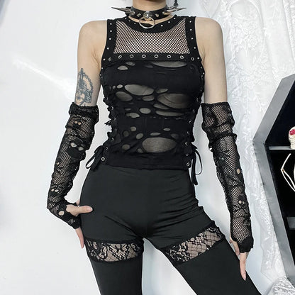 Gothic Y2K Distressed Fishnet Grommet Sleeveless Top