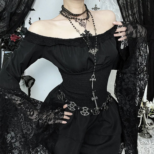 Gothic Alt Goth Off Shoulder Lace Trim Batwing Sleeves Mini Dress