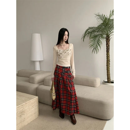 Gothic Grunge 90s Buckled Pleated Red Plaid A-Line Skirt