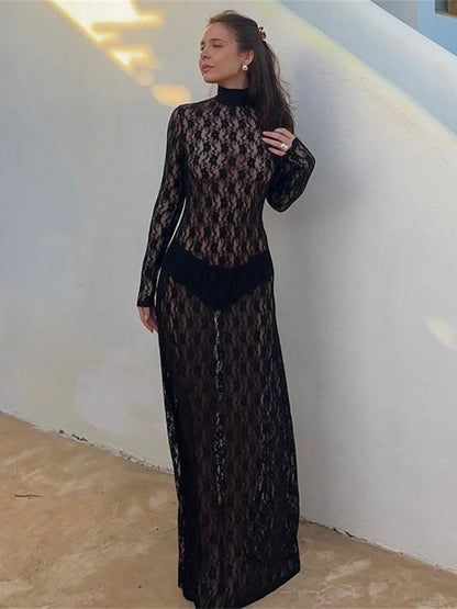 Gothic Dark Feminine Mesh Lace See Through Bodycon Long Dress