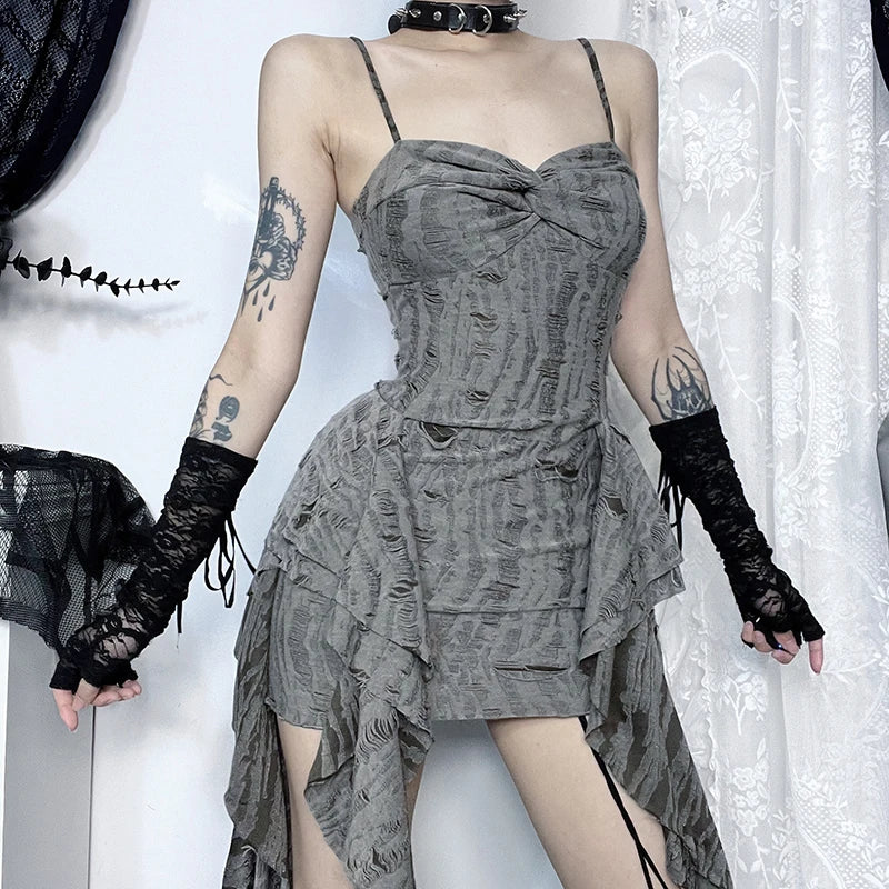 Gothic Y2K Gray Distressed Irregular Hem Patchwork Mini Dress