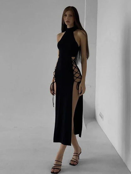 Gothic Alt Goth Dark Cosplay Lace Up High Slit Dress
