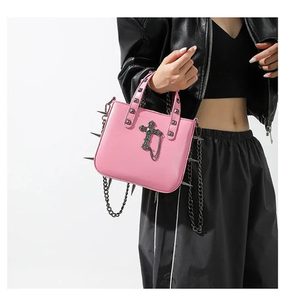 Gothic Alt Goth Cross Skull Spikes Chain Strap Crossbody Bag (available in 3 colors)