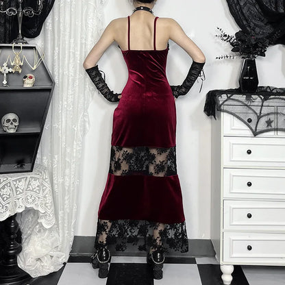 Gothic Red Burgundy Velvet Lace Spaghetti Strap Bodycon Alt Goth Long Dress