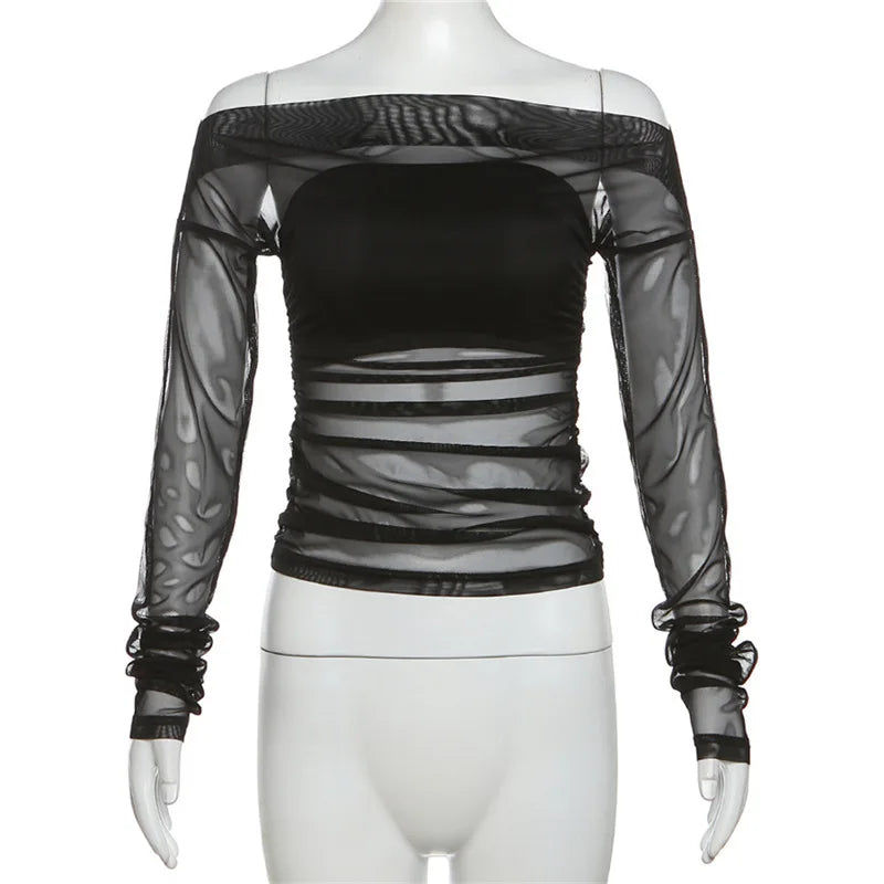 Gothic Alt Goth Off Shoulder Sheer Mesh Long Sleeve and Inner Tube Top Set