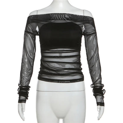 Gothic Alt Goth Off Shoulder Sheer Mesh Long Sleeve and Inner Tube Top Set