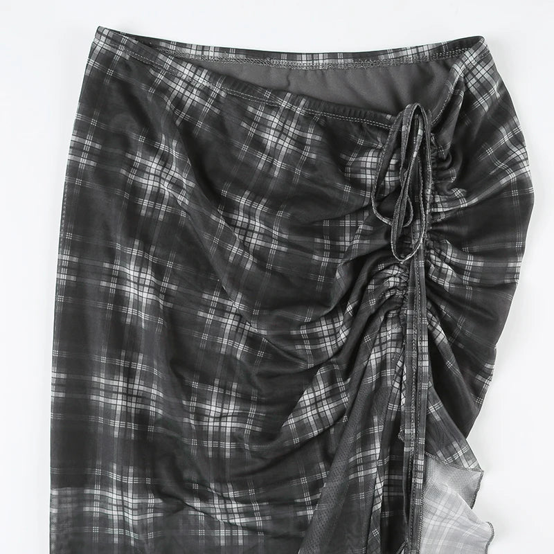 Alt Gothic Y2K Plaid Ruffles See Through Slit Skirt