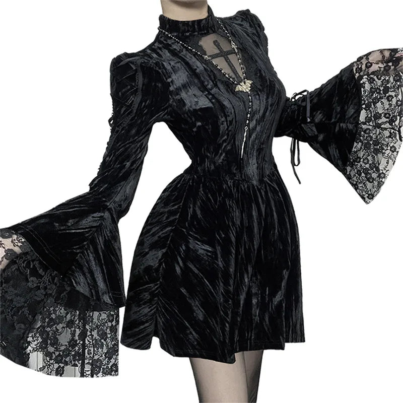 Gothic Alt Goth Vintage Cross Lace Patchwork Bell Sleeves Mini Dress