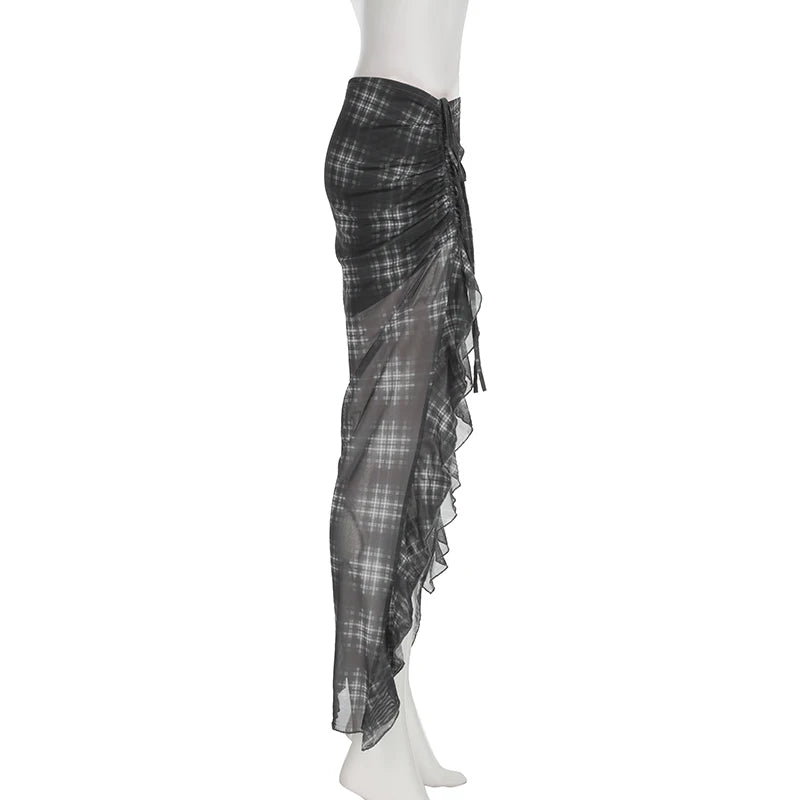 Alt Gothic Y2K Plaid Ruffles See Through Slit Skirt