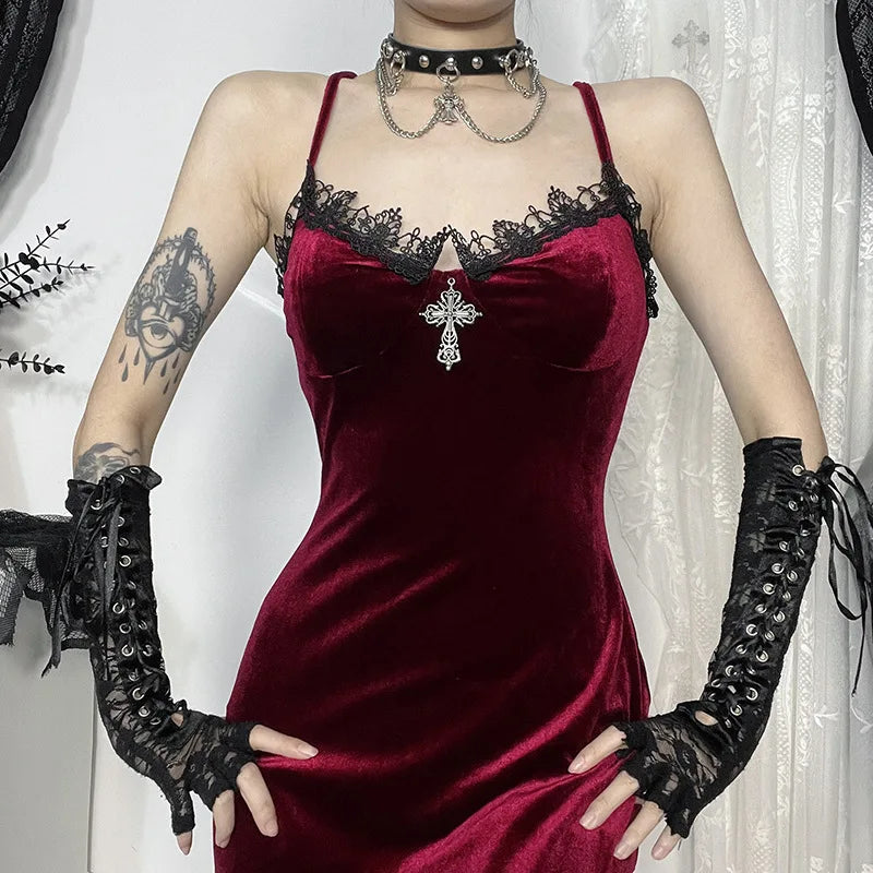 Gothic Red Burgundy Velvet Lace Spaghetti Strap Bodycon Alt Goth Long Dress