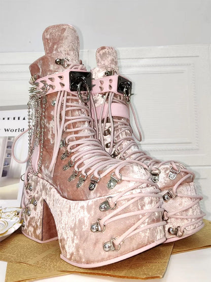 Gothic Dark Kawaii Harajuku Y2K Alt Goth Punk Lolita Laces Studs Pink Platform Boots