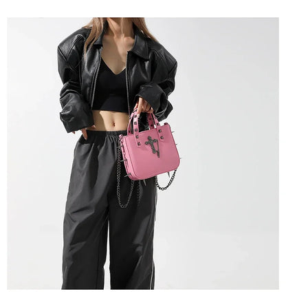 Gothic Alt Goth Cross Skull Spikes Chain Strap Crossbody Bag (available in 3 colors)