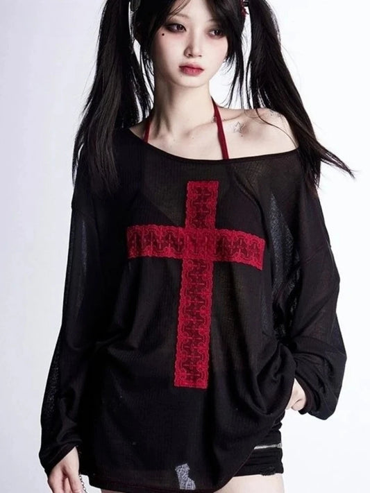 Gothic Y2K Alt Goth Cross Patchwork See Through Long Sleeve Top