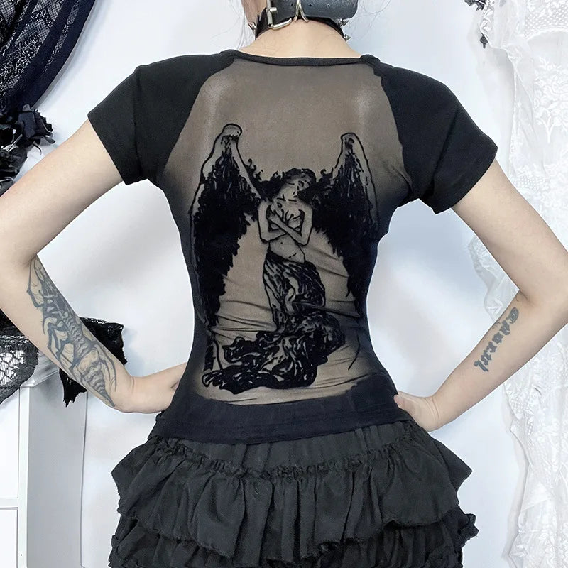 Gothic Y2K 90s Goth Dark Angel Sheer Back Shirt Top