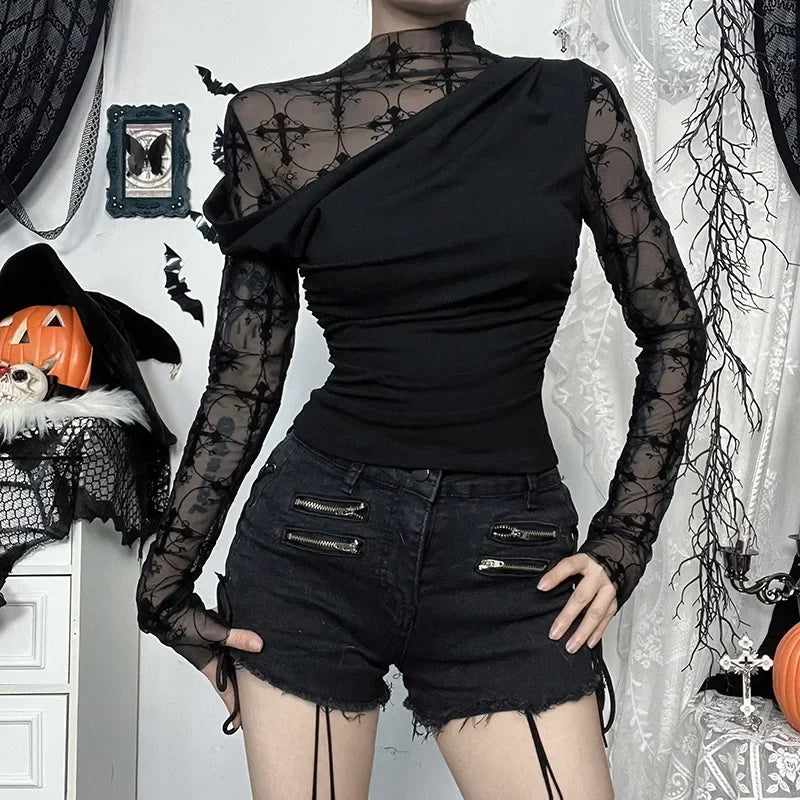 Gothic Alt Goth Y2K Cross Mesh Patchwork Shirt Top