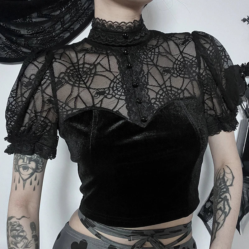 Gothic Spider Web Sheer Puff Sleeves Lace Top