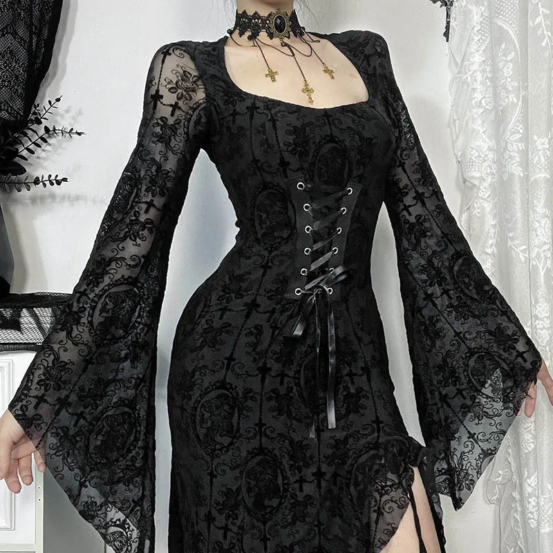 Gothic Romatic Goth Morticia Lace Up Corset Waist Sheer Flare Sleeves Dress