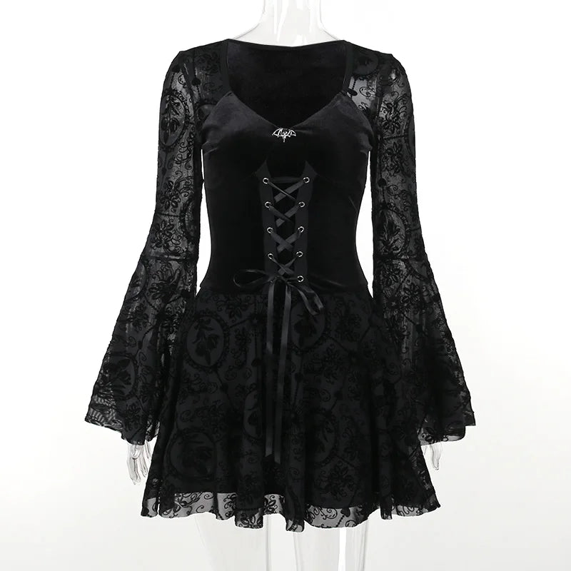 Gothic Romantic Vintage Sheer Bell Sleeves Lace Up Waist Mini Dress