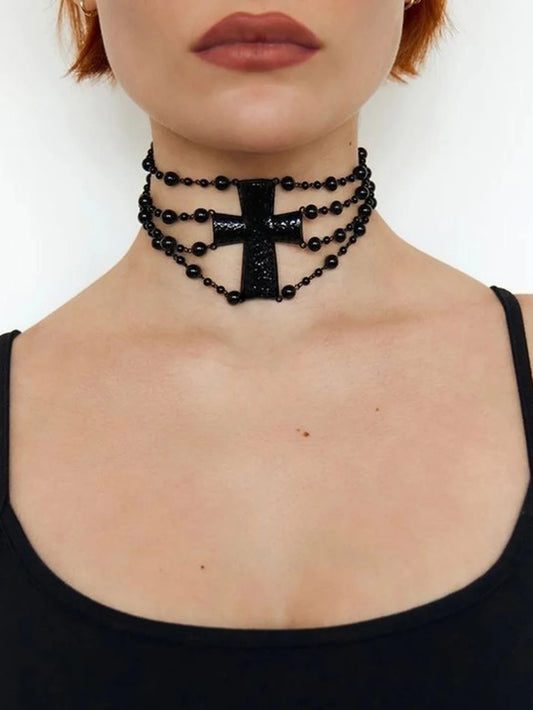 Gothic Romantic Victorian Goth Black Cross Beads Choker Necklace