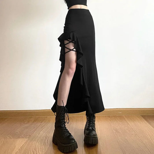 Gothic Ruffles High Slit Midi Skirt