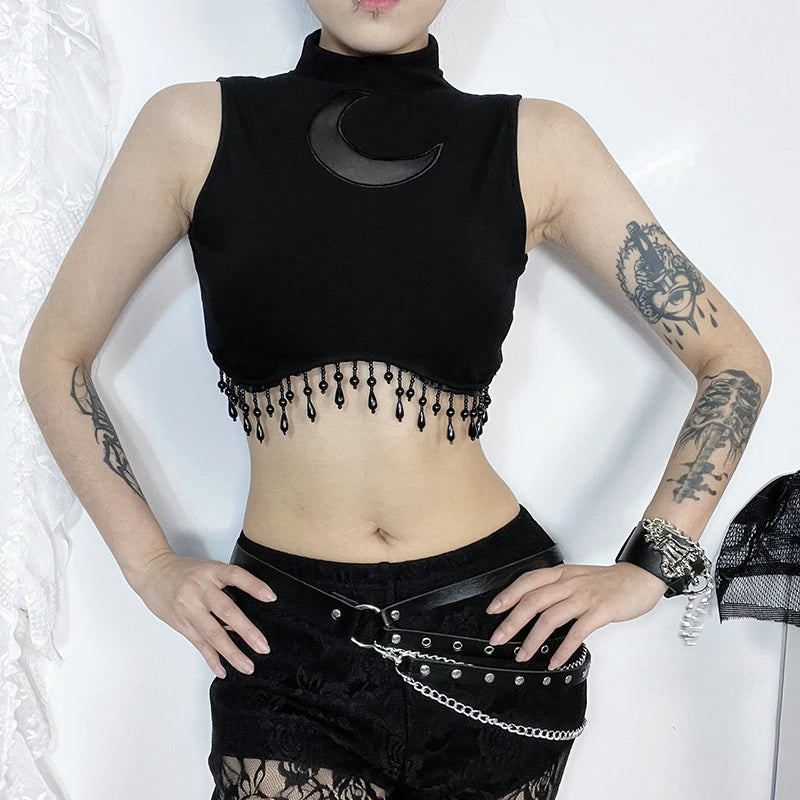 Gothic Fairycore Moon Beads Tassels Turtleneck Sleeveless Top