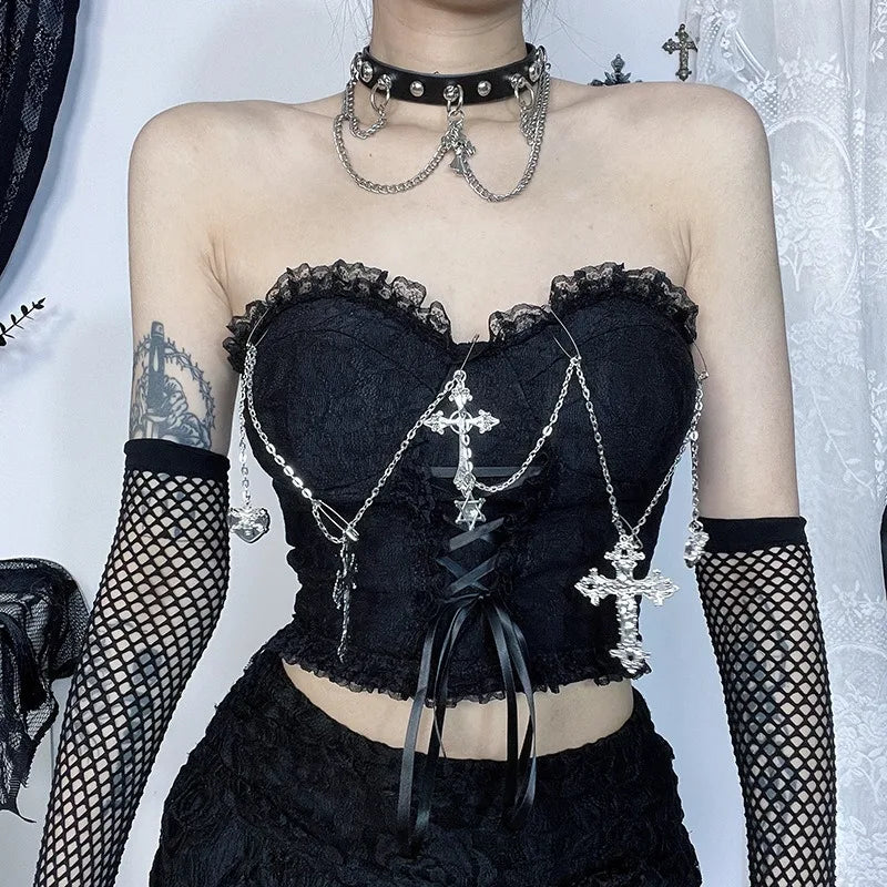 Gothic Cross Chain Lace Corset Style Top