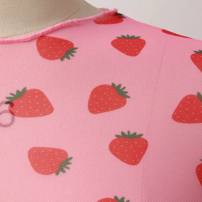 Y2K Strawberry Print Pink Mesh Long Sleeve Shirt Top