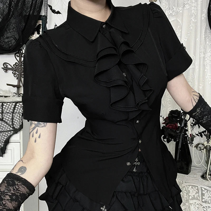 Gothic Dark Academia Goth Vintage Ruffle Short Sleeve Blouse