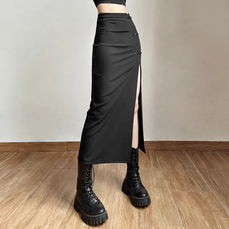 Gothic Oriental Style High Slit Midi Skirt