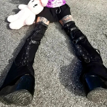 Alt Gothic Cybergoth Eyelet Strap Patched Leg Warmers