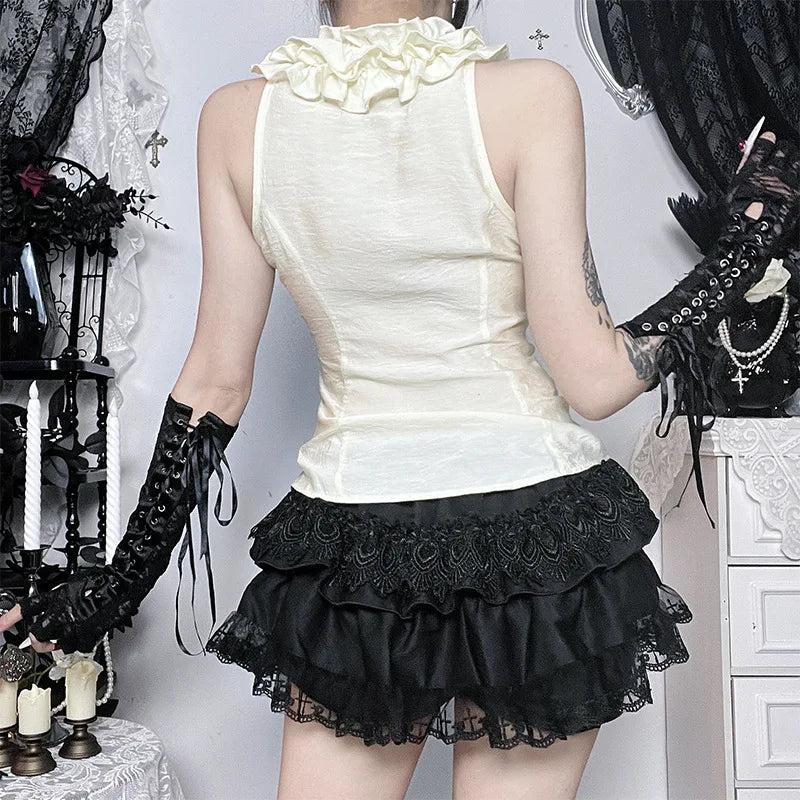 Gothic Victorian Ruffle Collar Bow Tie Sleeveless Vest Top
