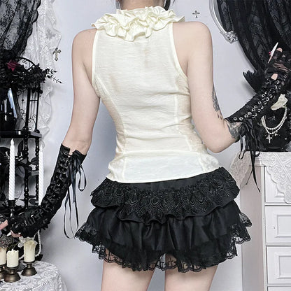 Gothic Victorian Ruffle Collar Bow Tie Sleeveless Vest Top