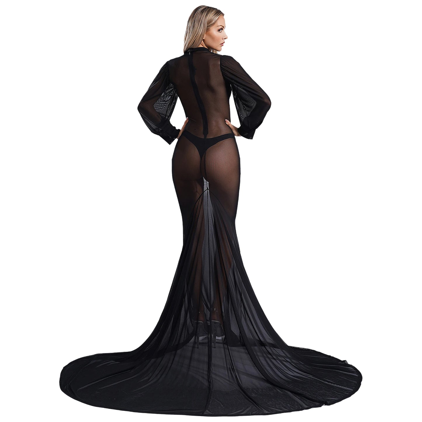 Gothic Romantic Vampire Goth Lantern Sleeve Mesh See Through Court Train Long Dress