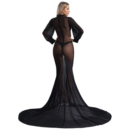 Gothic Romantic Vampire Goth Lantern Sleeve Mesh See Through Court Train Long Dress