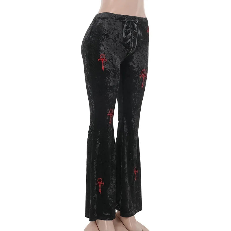 Gothic Alt Goth Ankh Cross Velvet Flare Pants