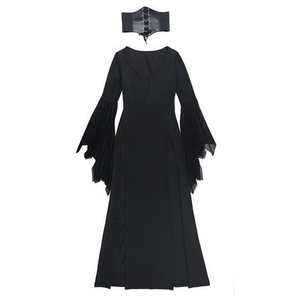 Gothic Dark Romantic Goth Sheer Flare Sleeves High Slit Wide Belt Long Dress